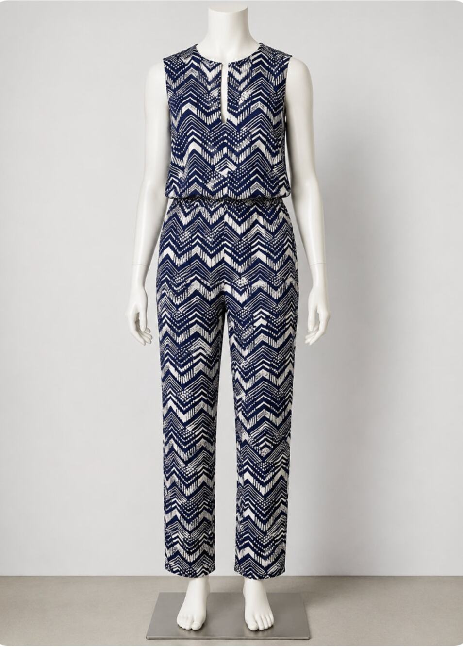 J Crew Cute Linen Zig-Zag Navy and White Print Sleeveless Jumpsuit Romper Size 0